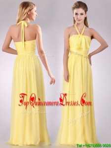 Lovely Halter Top Chiffon Ruched Long Dama Dress in Yellow