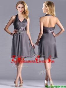 Romantic Chiffon Halter Top Knee Length Dama Dress in Grey