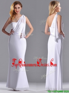 Exclusive Column White Chiffon Backless Dama Dress with One Shoulder