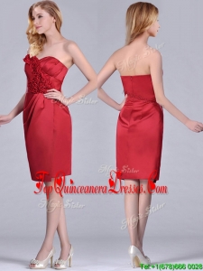 Low Price Red Column Satin Knee Length Dama Dress with Ruffles