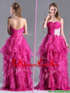 Modern Brush Train Fuchsia Dama Dress with Appliques and Ruffles