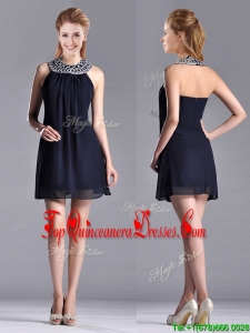 Popular Black Short Dama Dress with Beaded Decorated Halter Top