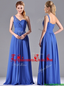 Column Chiffon Beading and Ruching Blue Dama Dress with One Shoulder