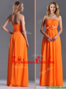 Empire Strapless Ruching Chiffon Long Dama Dress in Orange