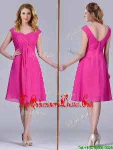 Hot Pink Empire Knee-length Chiffon Ruching Short Dama Dress for Graduation