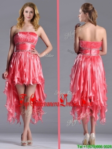 Elegant Strapless High Low Beaded Decorated Waist Dama Dress in Coral Red