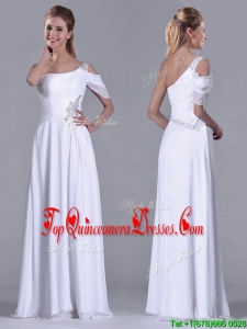 Fashionable Empire One Shoulder Beaded White Long White Dama Dress for Holiday