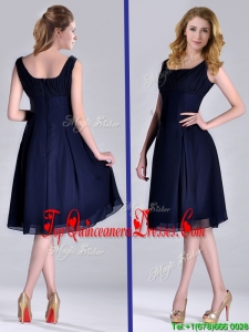 Latest Square Empire Chiffon Navy Blue Dama Dress with Ruching