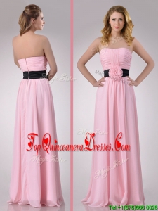 Modern Empire Chiffon Pink Long Dama Dress with Hand Crafted Flower