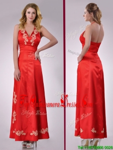 Modest Column Halter Top Backless Red Dama Dress with Appliques