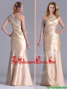 New Column Beaded Decorated One Shoulder Dama Dress in Champagne