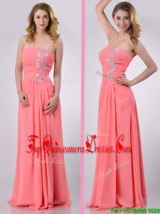 Watermelon Empire Strapless Chiffon Beading Long Dama Dress for Graduation