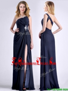 Exquisite One Shoulder Navy Blue Dama Dress with Beading and High Slit