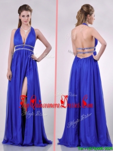 New Halter Top Blue Backless Dama Dress with Beading and High Slit