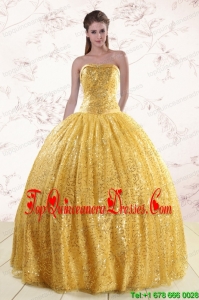 Cheap Yellow Sequined Quinceanera Dress with Strapless