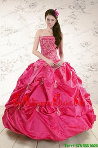 Luxurious Strapless Hot Pink Quinceanera Dress with Appliques for 2015