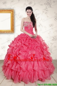 2015 Popular Hot Pink Strapless Quinceanera Dresses with Beading and Ruffles