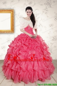 Popular Beading and Ruffles 2015 Hot Pink Quinceanera Dresses with Strapless