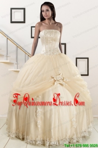 Popular Appliques and Hand Made Flower Champagne Quince Dresses