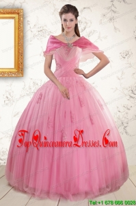 2015 Cheap Pink Quinceaneras Dresses with Appliques and Beading