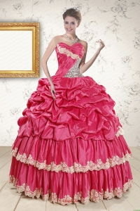2015 Popular Appliques Sweet 15 Dresses in Coral Red