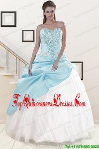 2015 Popular Blue and White Quinceanera Dresses with Beading and Pick Ups