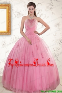 2015 Popular Pink Quinceaneras Dresses with Appliques and Beading
