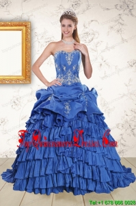 Popular Royal Blue Appliques and Pick Ups Quinceanera Dresses with Brush Train
