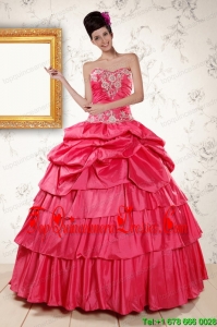 2015 Pretty Appliques Sweet 16 Dresses in Coral Red