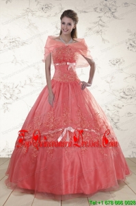 2015 Puffy Appliques Sweetheart Sweet 15 Dresses in Watermelon