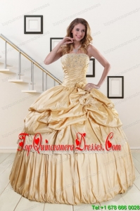 2015 Puffy Champagne Quinceanera Dresses with Appliques