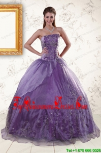 2015 Puffy Purple Strapless Appliques Quinceanera Dresses