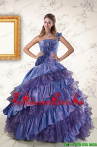 2015 Puffy Remarkable One Shoulder Hand Made Flowers and Ruffles Quinceanera Dresses