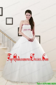 2015 Puffy Strapless Appliques and Belt Quinceanera Dresses in White