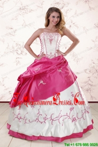 Puffy Embroidery Sweet 15 Dresses in White and Hot Pink