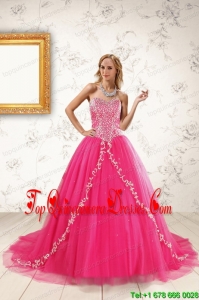 2015 Puffy Hot Pink Quinceanera Dresses with Beading and Appliques