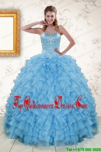 2015 Puffy Sweetheart Baby Blue Sweet 15 Dresses with Beading