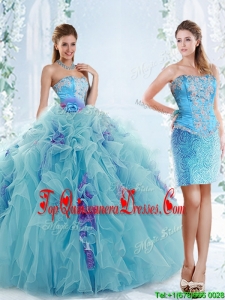 Affordable Applique Bodice Aqua Blue Detachable Quinceanera Gowns in Organza