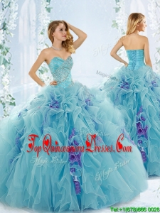 Affordable Beaded Aque Blue Detachable Quinceanera Dresses in Organza