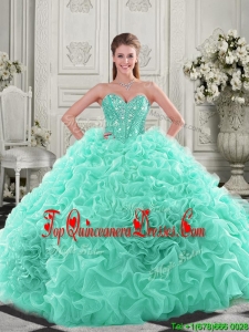 Affordable Visible Boning Organza Apple Green Quinceanera Dress with Chapel Train