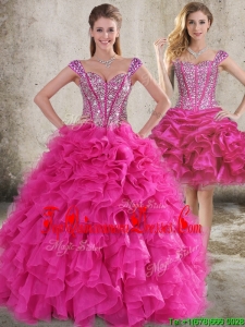 Ruffled and Beaded Bodice Detachable Quinceanera Dress in Hot Pink