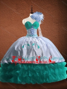 Elegant Embroidered and Patterned Organza and Taffeta Real Photo Show Quinceanera Dress in Turquoise and White