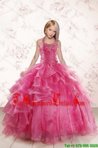 2015 Beautiful Pink Little Girl Pageant Dress with Beading and Ruffled Layers