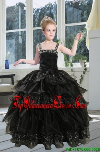 2015 Fashionable Black Straps Sequins Ruffles Organza Little Girl Pageant Dress