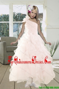 2015 Gorgeous A Line One Shoulder Baby Pink Prom Dress with Beading and Ruffles