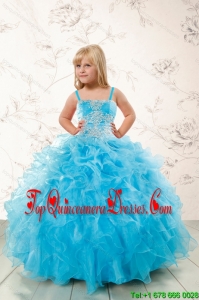 2015 Modest Appliques and Ruffles Aqua Blue Little Girl Pageant Dress