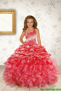 Exquisite Appliques and Ruffles Coral Red Flower Girl Dress for 2015 Spring