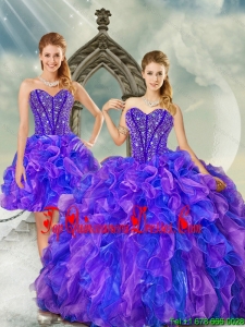 Luxurious Beading and Ruffles Puffy Sweet 16 Gowns in Purple and Blue for 2015