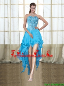 2015 Fashionable Sweetheart High Low Baby Blue Dama Dresses with Beading