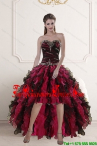 2015 High Low Sweetheart Multi Color Dama Dress with Ruffles and Beading